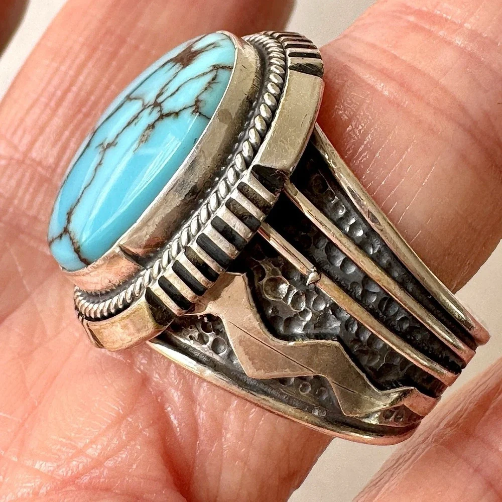 Big Navajo Mens Turquoise Ring Sz 11 Lightning Signed Denetdale Sterling Native
